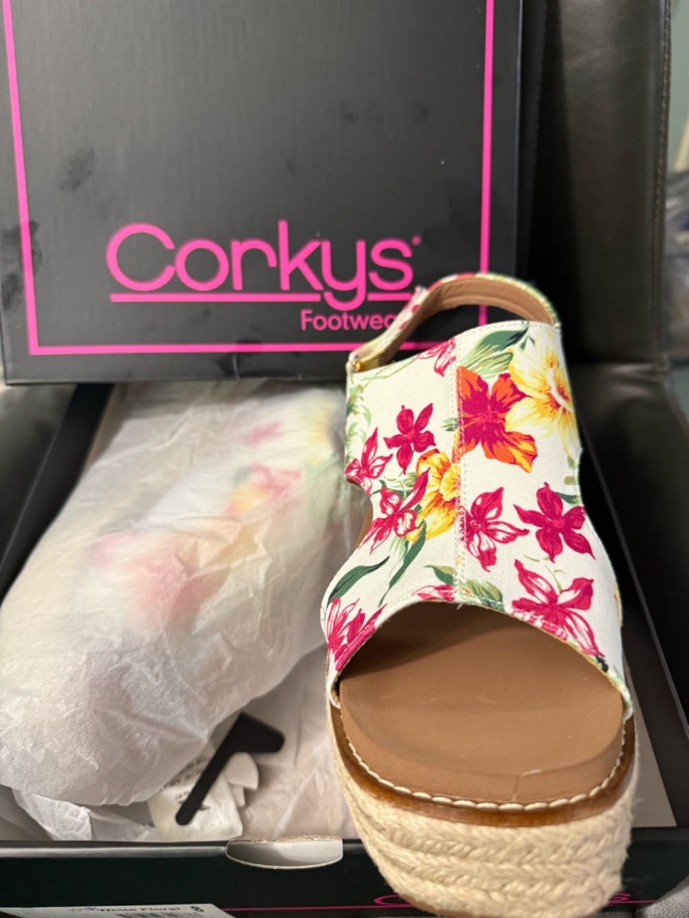 Corkys Floral Espadrille Wedge Sandal - White with Pink & Yellow Flowers
